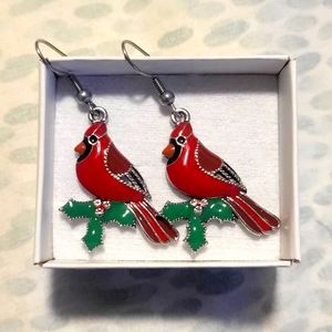 Enamel Cardinal and Holly Earrings